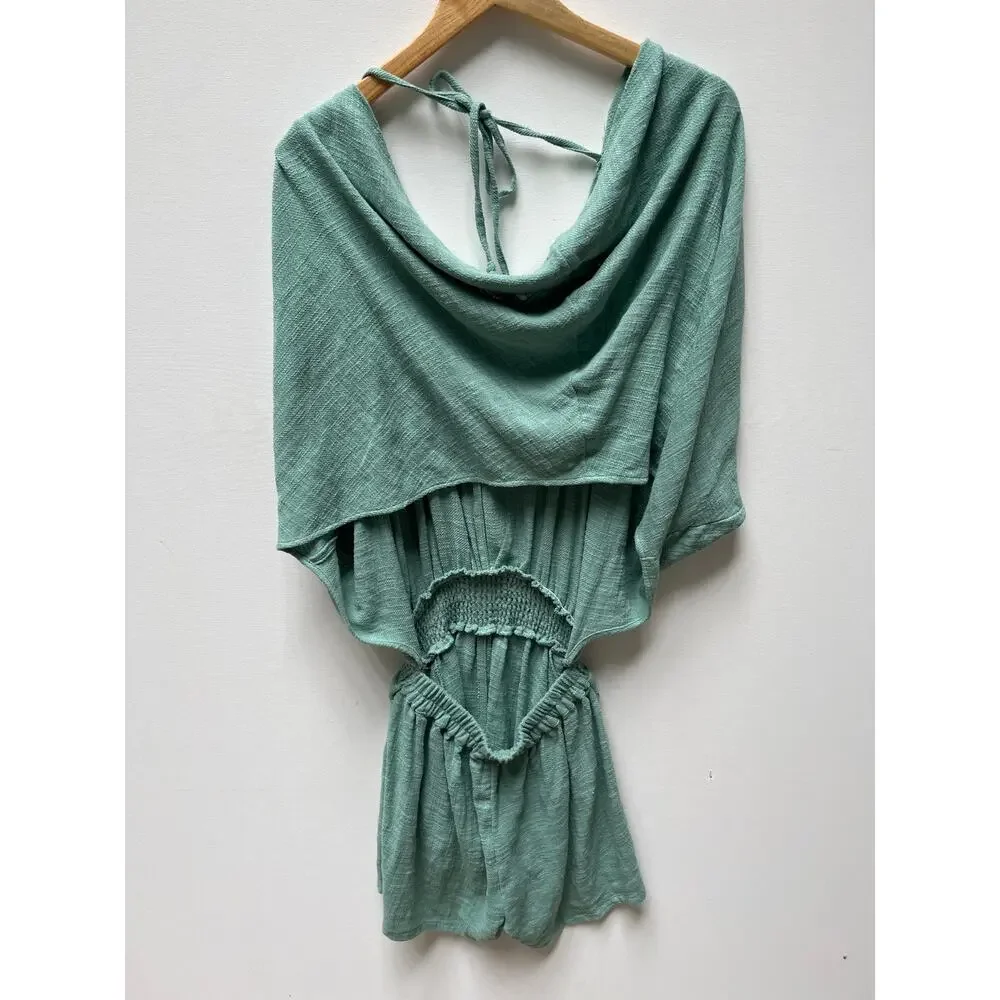 Free People Tie Back Romper Dress Green XS Boho Draped Sleeves Drawstring